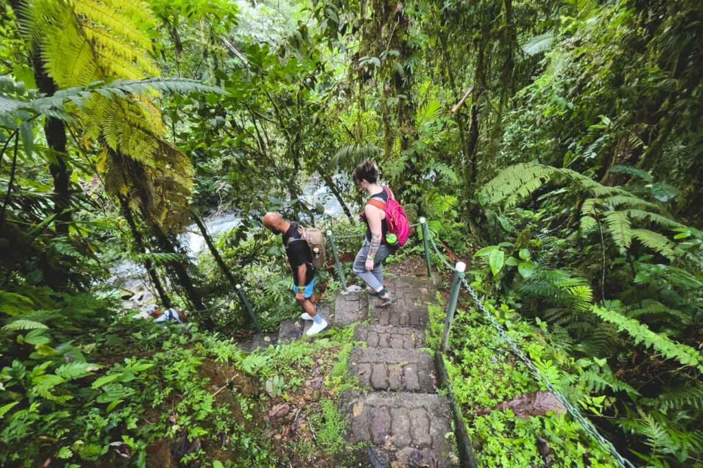 Hikers heading down the stairs to La Fortuna waterfall.