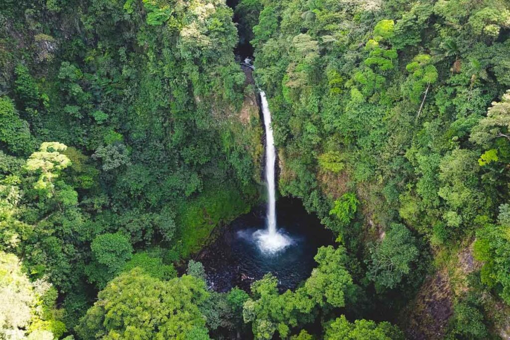 Aerial shot of La Fortuna waterfall and surrounding forest.