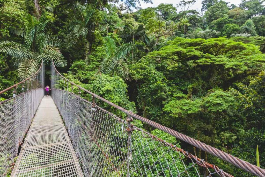 Walking across Mistico Hanging Bridge in La Fortuna.