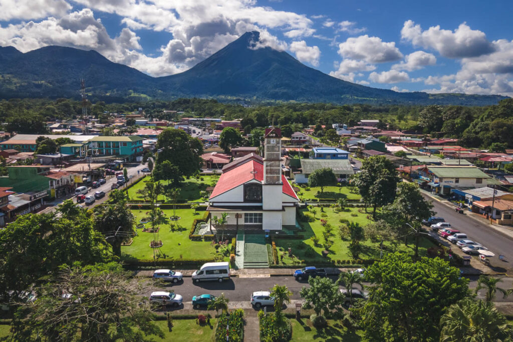 Beautiful aerial view of San Carlos church in La Fortuna town.