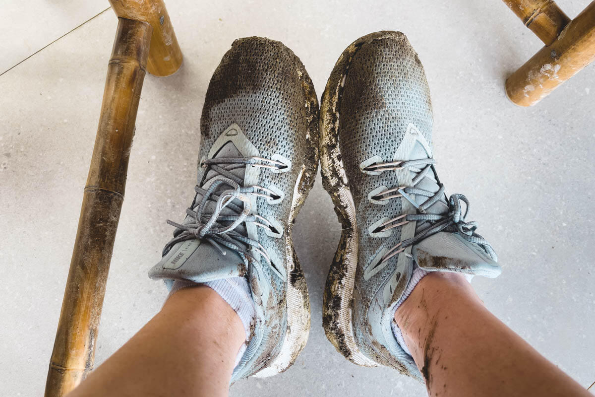 Muddy sneakers after the long hike.