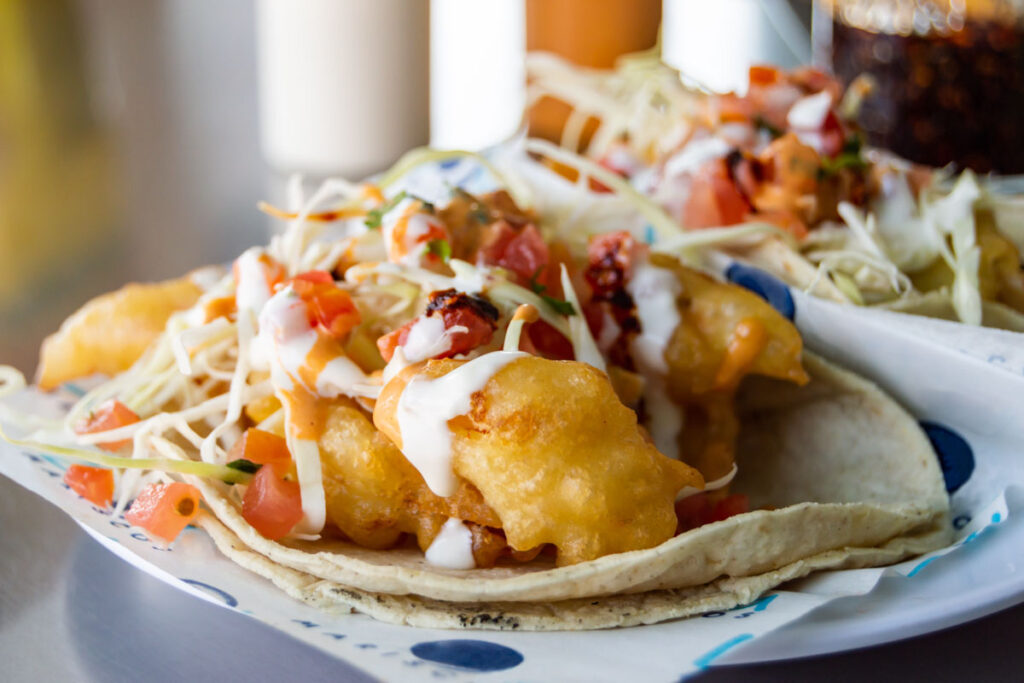 A local dish of fish and shrimp tacos.