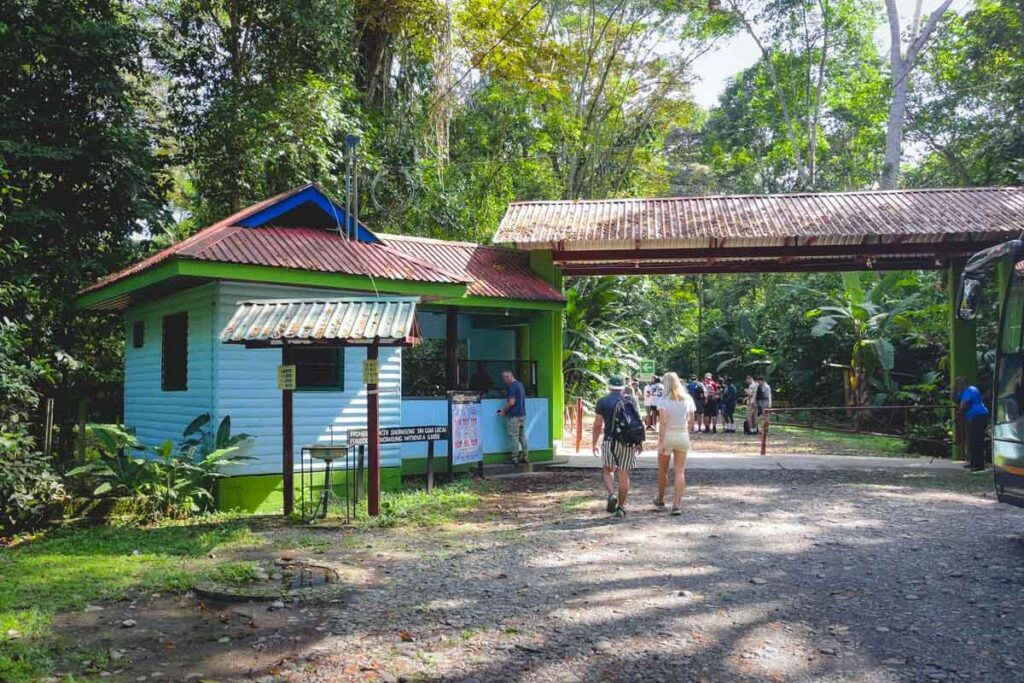 The ticket booth and gate at the Puerto Vargas entrance to Cahuita National Park.