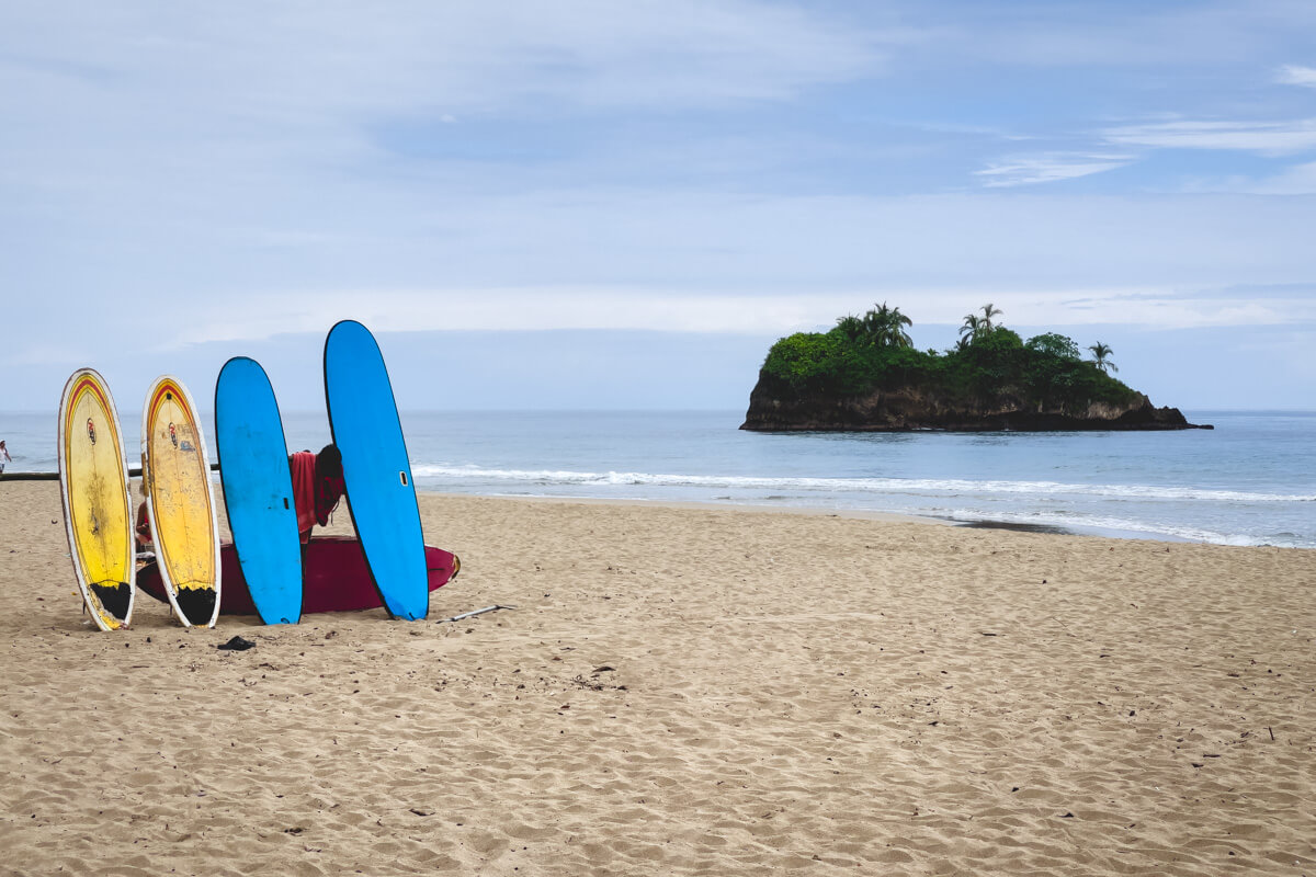 Surfboards available for rent on Playa Cocales. Surfboards available for rent on Playa Cocales.