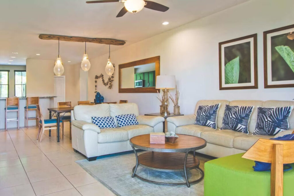 Beautiful kitchen and living area of a luxury condo in Playa del Coco.