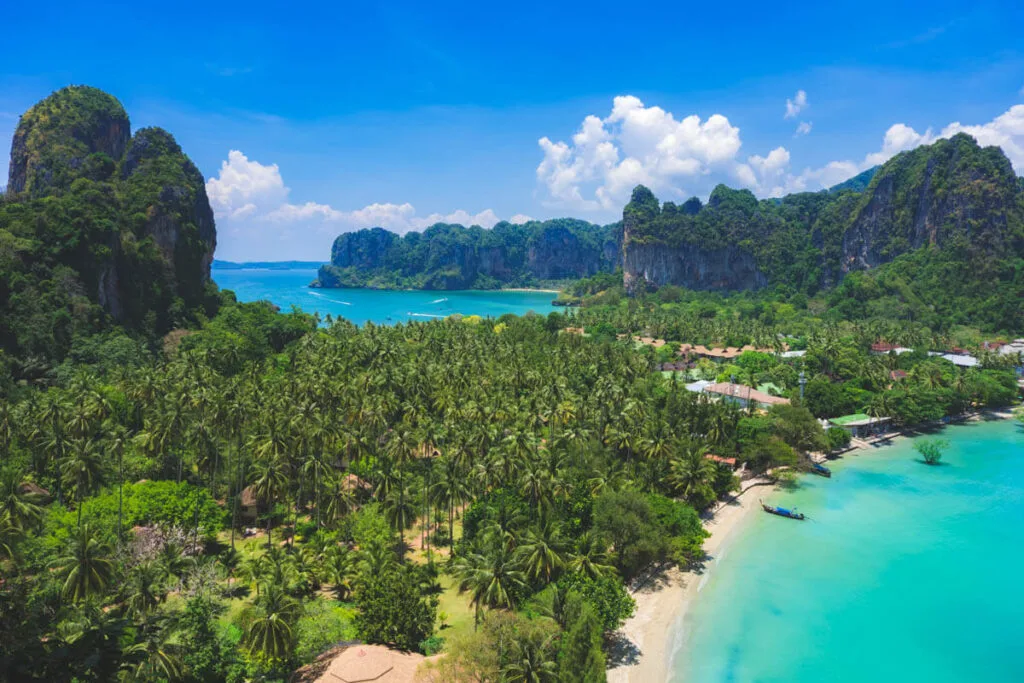 Stunning view over Railay East Beach and Railay West Beach from the viewpoint cliff in Railay.