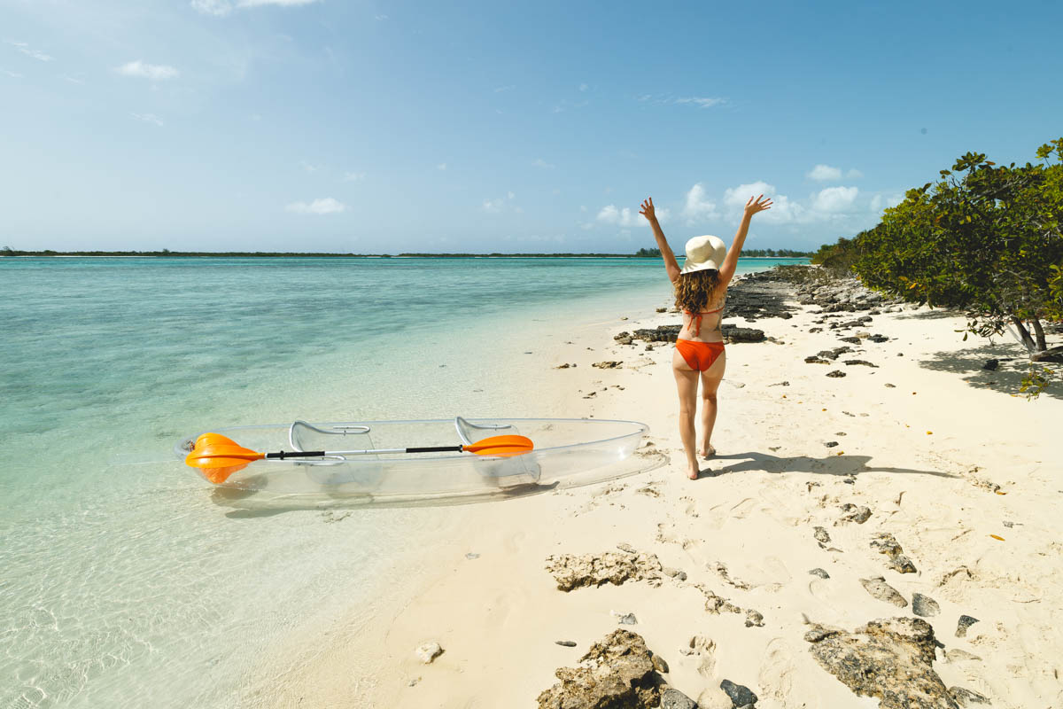 Nina next to clear kayak in Turks and Caicos.