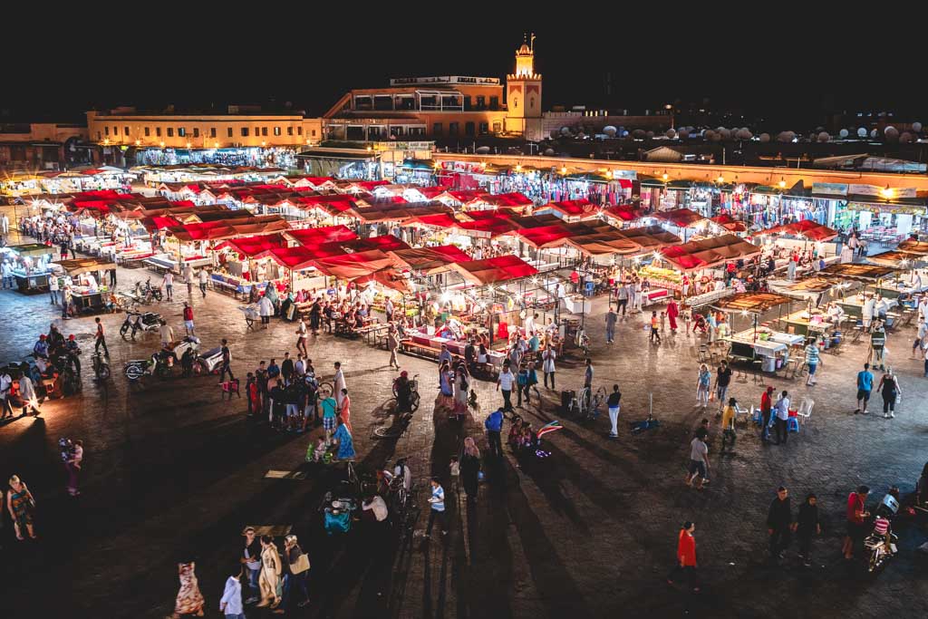 Night shot of an overview of the Jemma el Fnaa markets in Marakesh Morocco. 