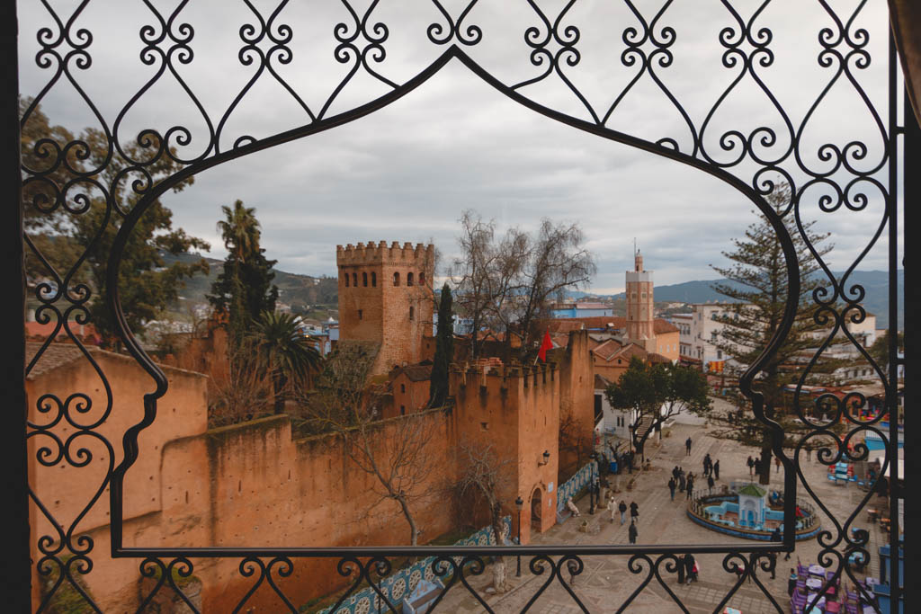 Main Plaza Uta El Hamman with Kasbah in the Moroccan town of Chefchaouene.