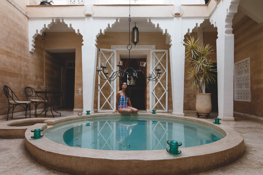 Nina alongside the pool in our Riad in Morocco.