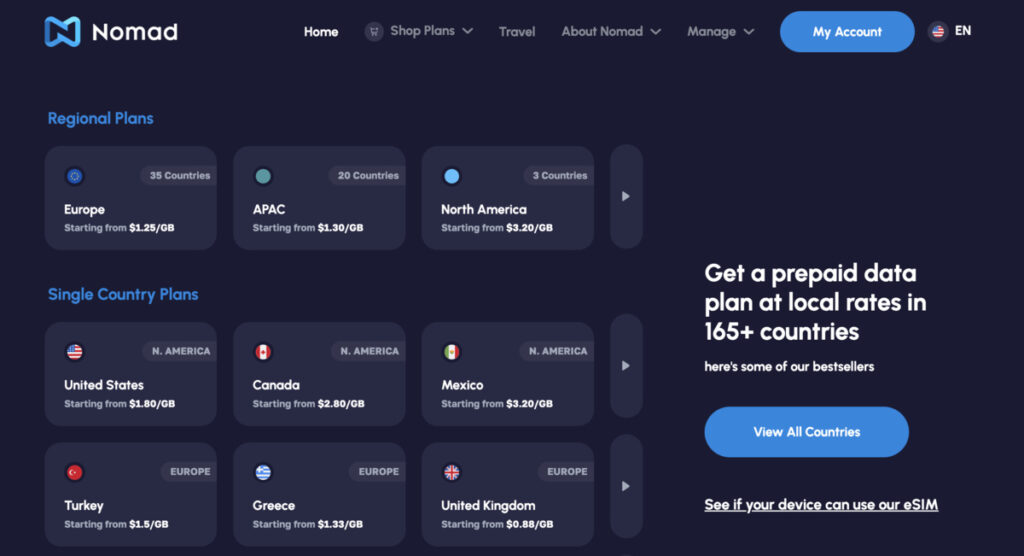Some of the countries that Nomad eSIM covers from their website