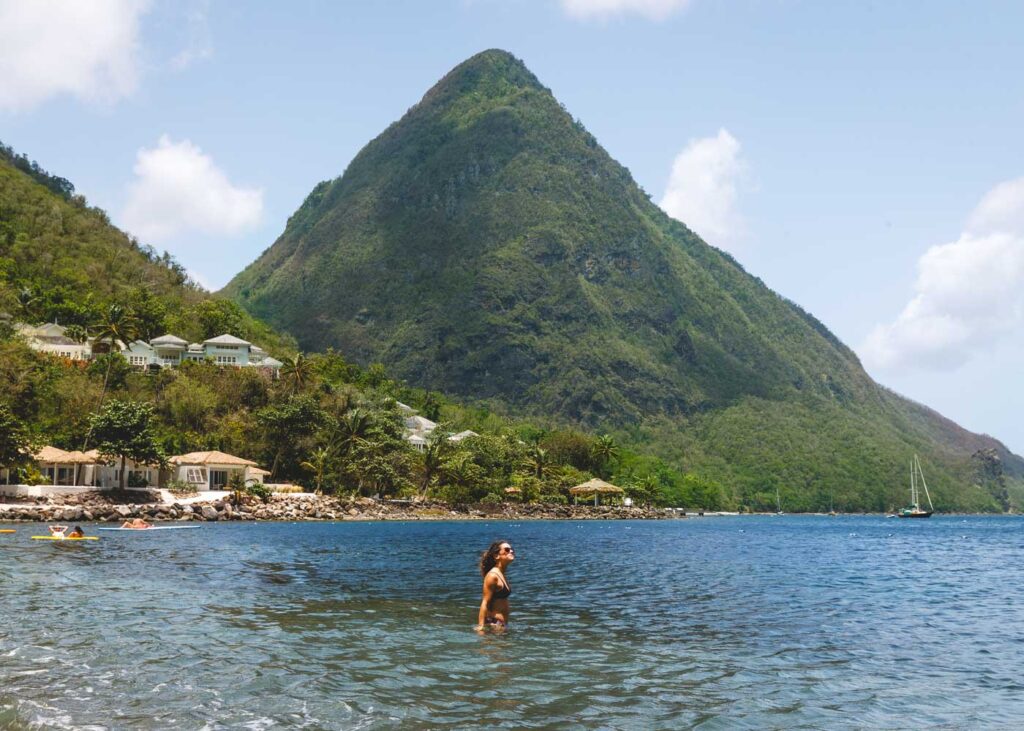 Me swimming at Sugar Beach with Pitons in the back