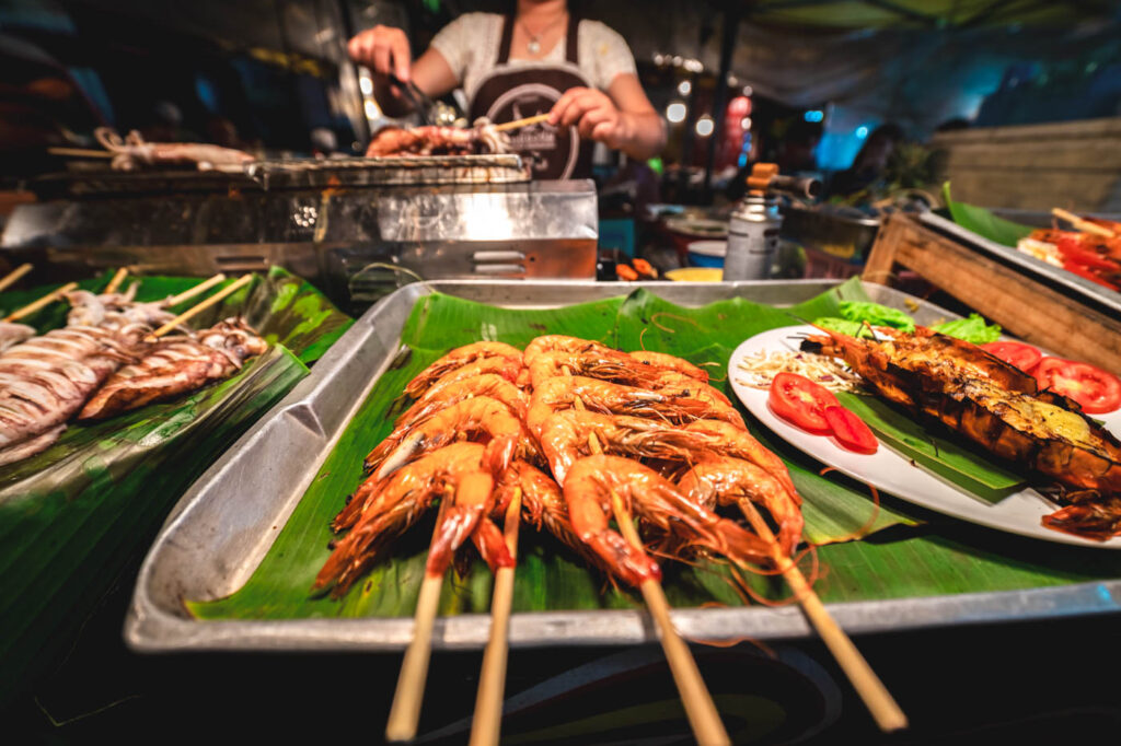 Grilled shrimp on stick at Krabi market.