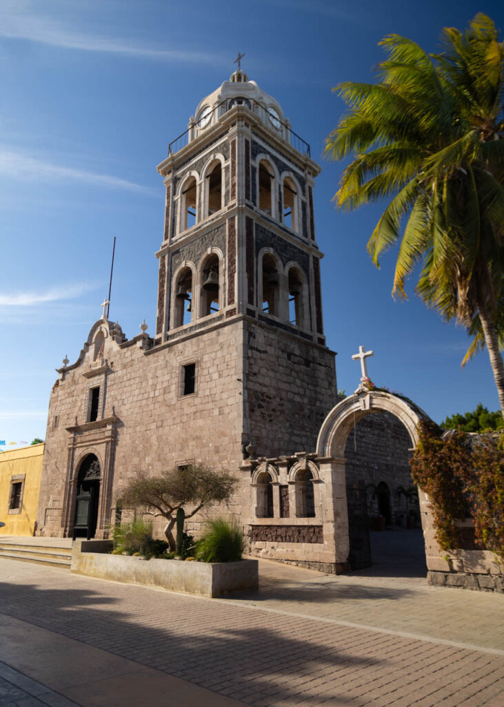 Golden hour over Mission of our Lady church in Loreto, Baja Sur.