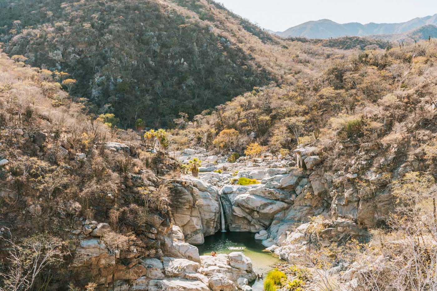 People playing at Fox Canyon Waterfall surrounded by trees. People playing at Fox Canyon Waterfall surrounded by trees.