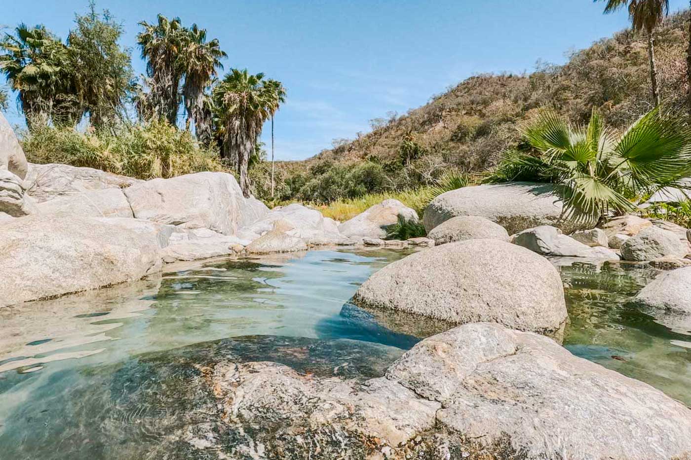 Empty Santa Rita Hot Springs besides palm trees in Baja California Sur. Empty Santa Rita Hot Springs besides palm trees in Baja California Sur.