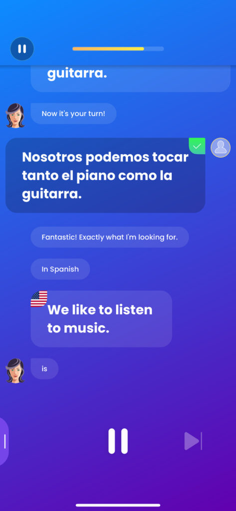 Mondly Chat bot feature showing a conversation about music.