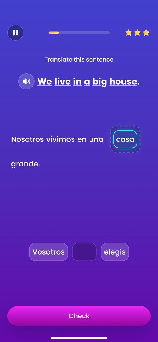 Mondly app showing "casa" as a missing word in a sentence.