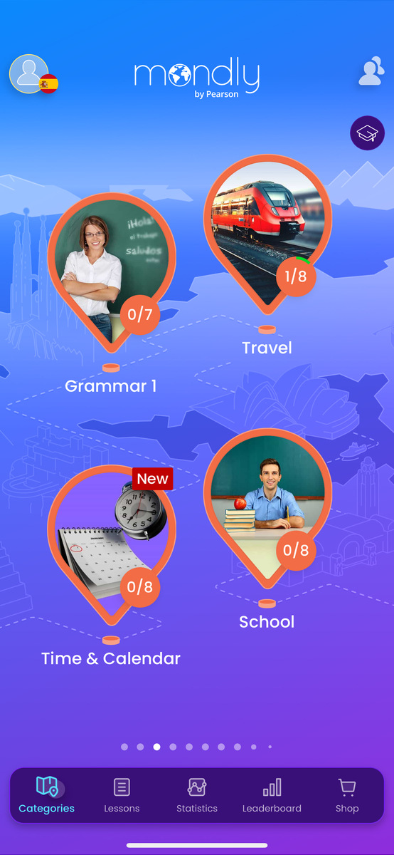 Screenshot showing Mondly app homeppage with themed lessons like school and travel.