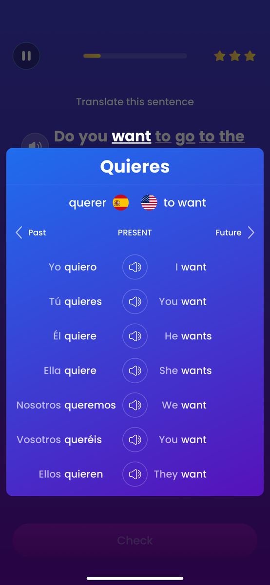 Screenshot of Mondly app showing that you can click a verb (like "querer") and it shows verb conjugations.