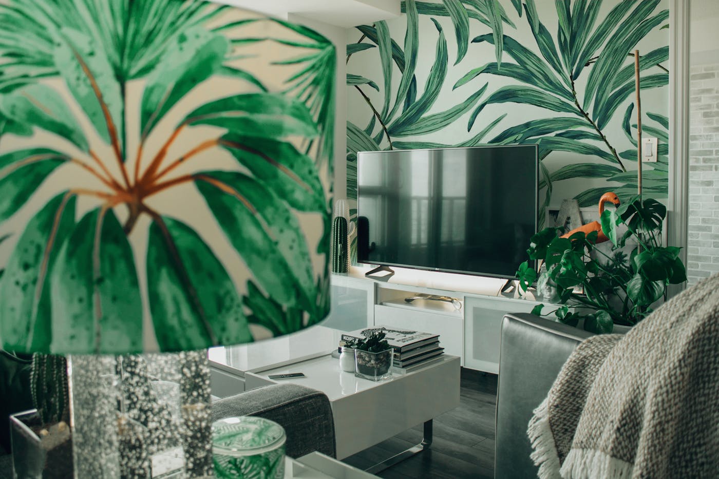 A cozy modern living room features tropical decor and indoor plants.
