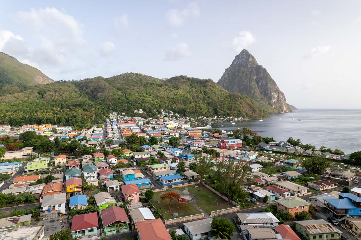 Town of Soufriere from above with Piton in the back