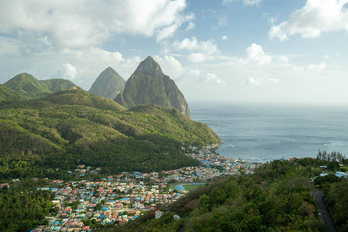 Soufriere Viewpoint showing off the town of Soufriere from above with Pitons in the back and ocean