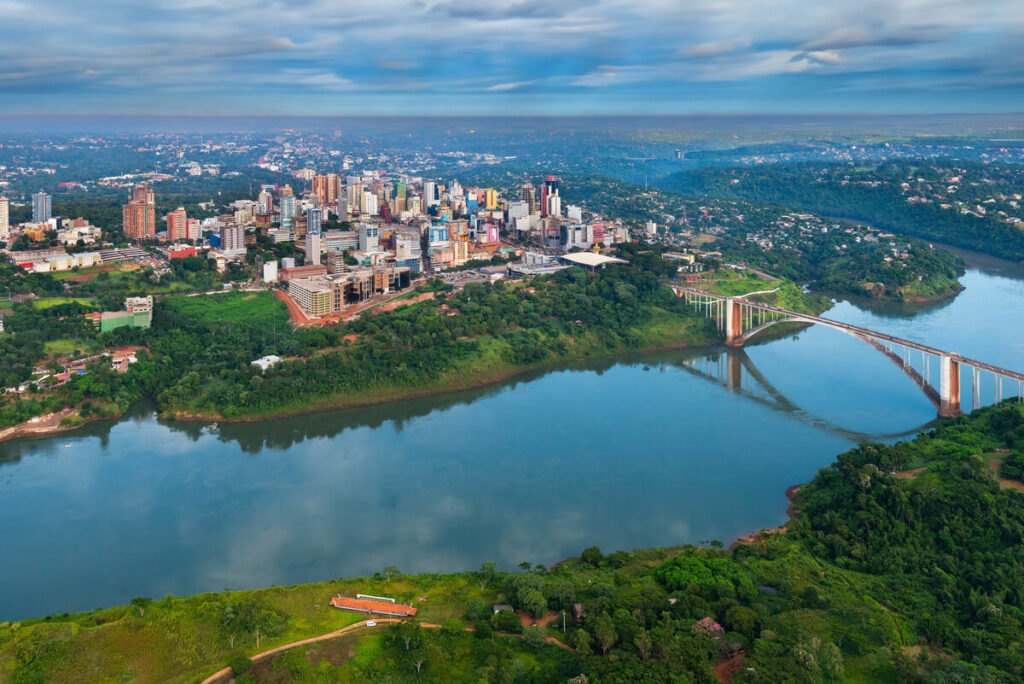Aerial Paraguay with bridge and river.
