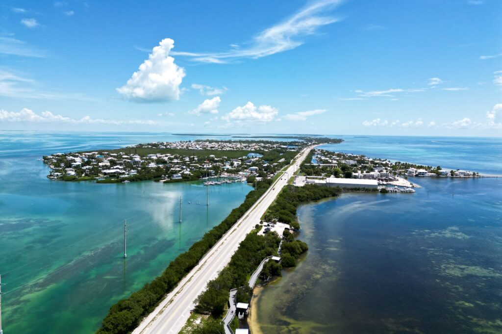 an aerial view of a highway and a body of water