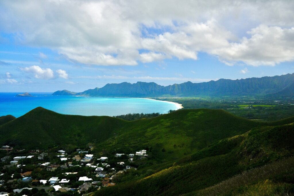 A scenic view of a town and a body of water