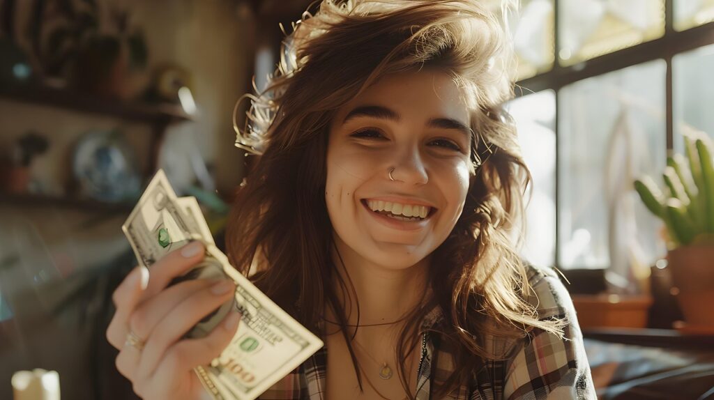 ai generated, woman, portrait, model, girl, fashion, female, pose, modeling, face, posing, body, dollar, bills, usd, money, paid