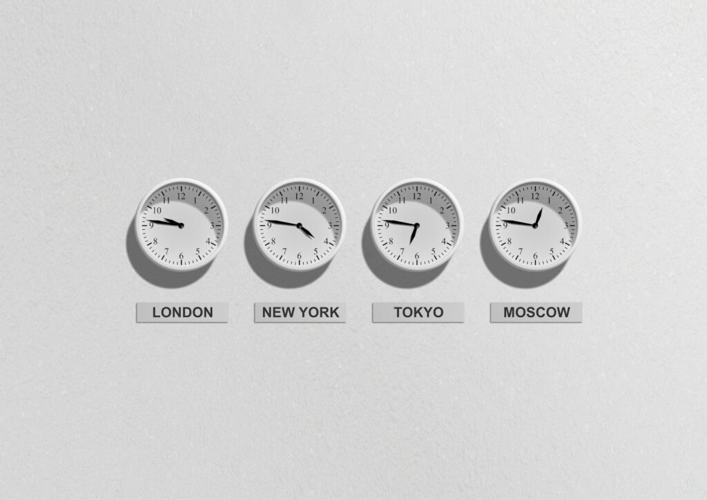 Four wall clocks showing different time zones for London, New York, Tokyo, and Moscow.
