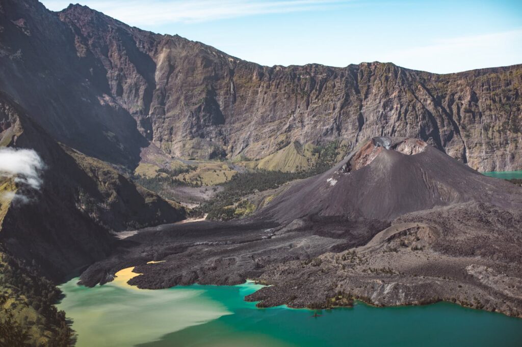 A breathtaking aerial view of Mount Rinjani's crater lake in Lombok, Indonesia.
