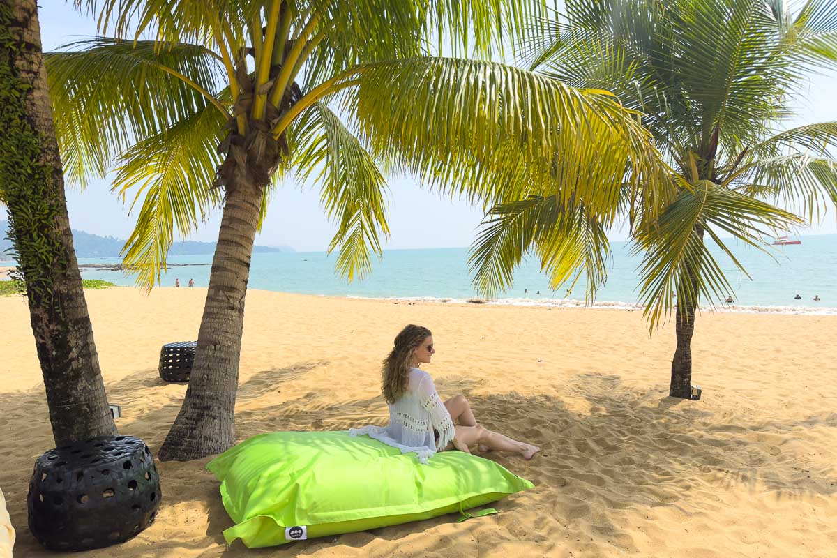 Nina on a beach pillow with palm trees around.