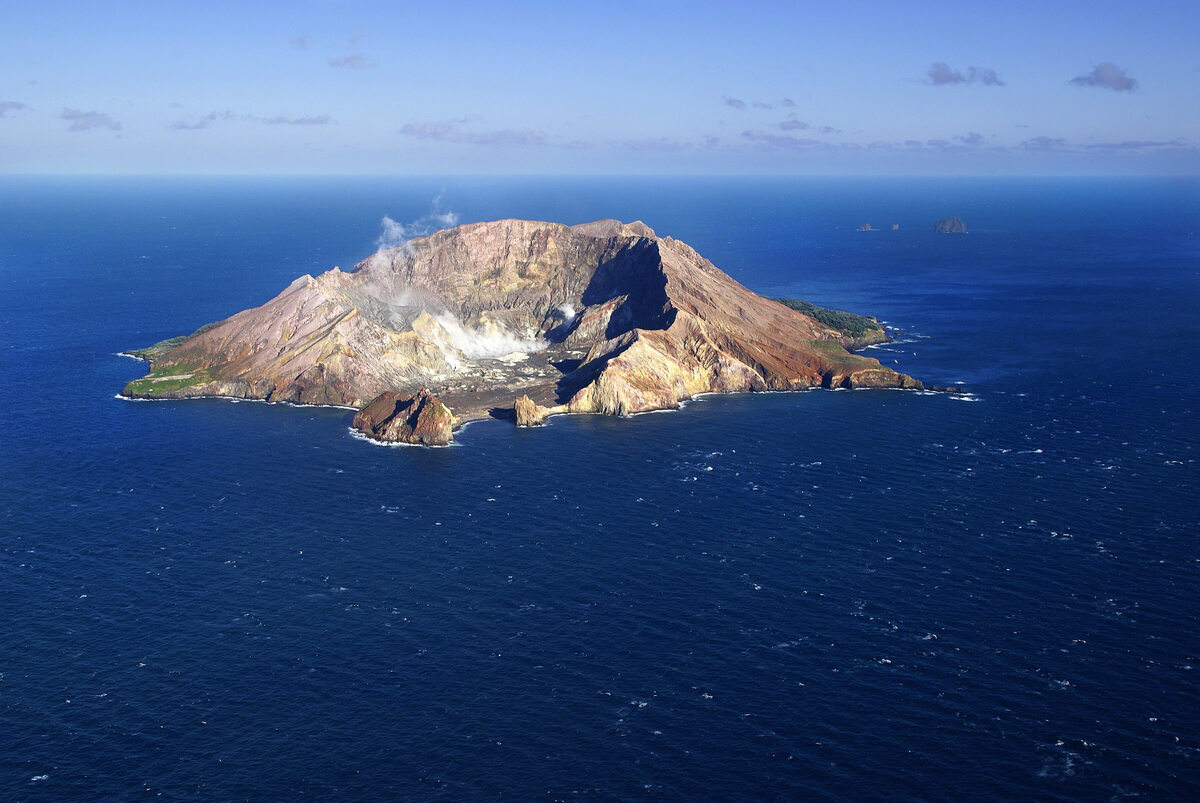 Aerial shot of white island in NZ.