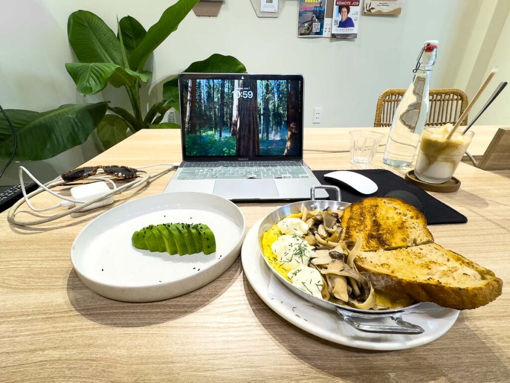 Coworking set up, my laptop, breakfast, and coffee.