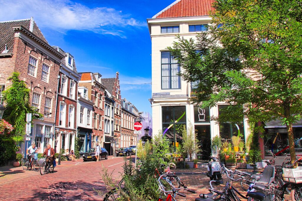 A group of bikes parked on the side of a road