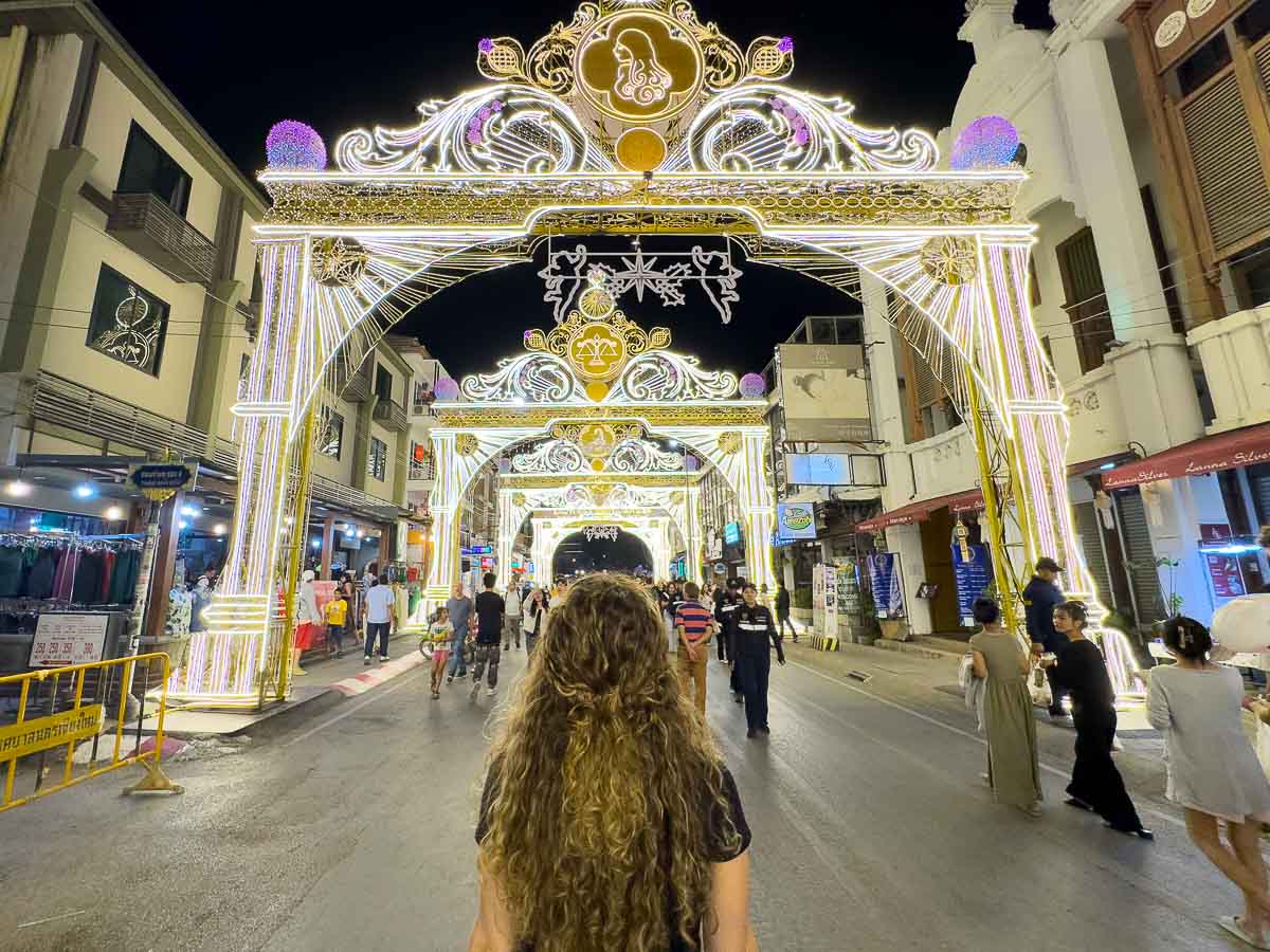 Nina on lit up street in Chiang Mai