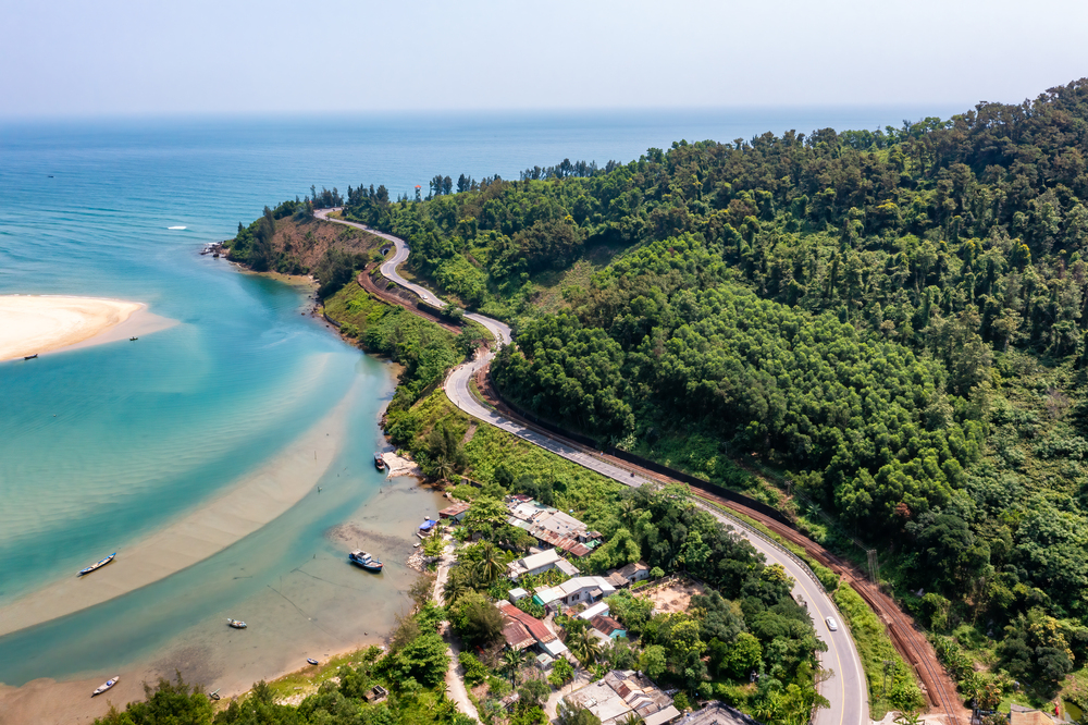 Aerial view of Lang Co bay and beach, Hai Van pass, Lap An lagoon, Hue, Vietnam.