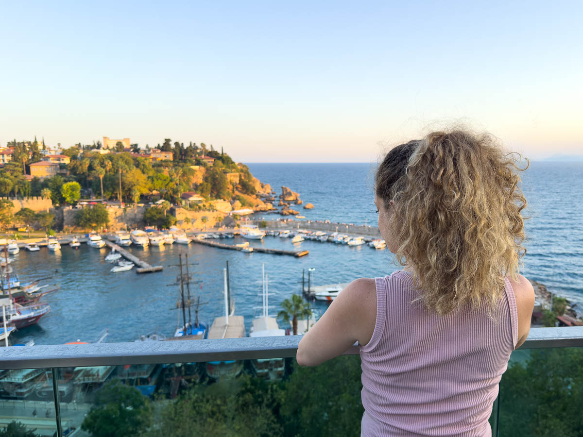 Nina overlooking marina on her Antalya itinerary.