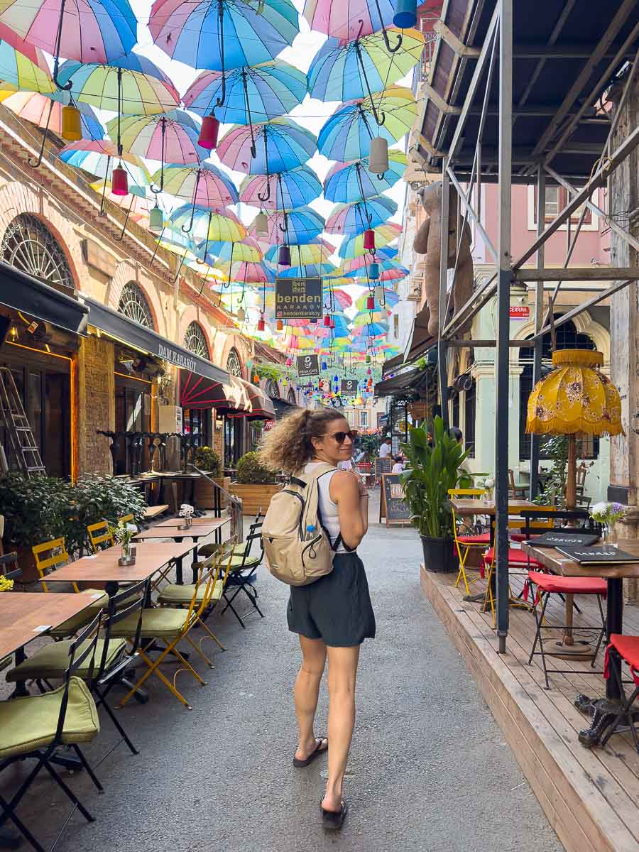 Nina walking down Umbrella Street Karakoy.