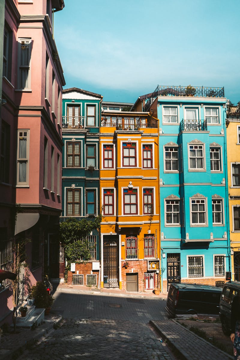 Colorful historic buildings in Balat, Istanbul, showcasing vibrant urban architecture.