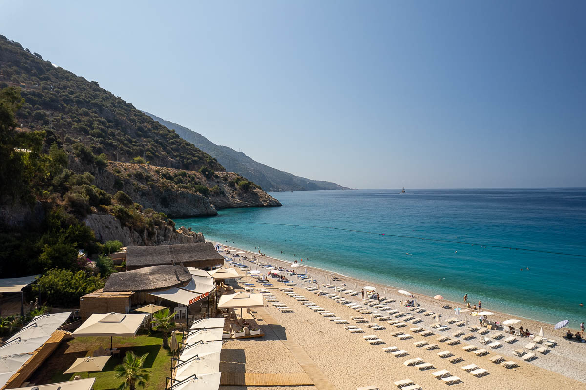 Oludeniz main beach from above at bBnana Beach Cafe.