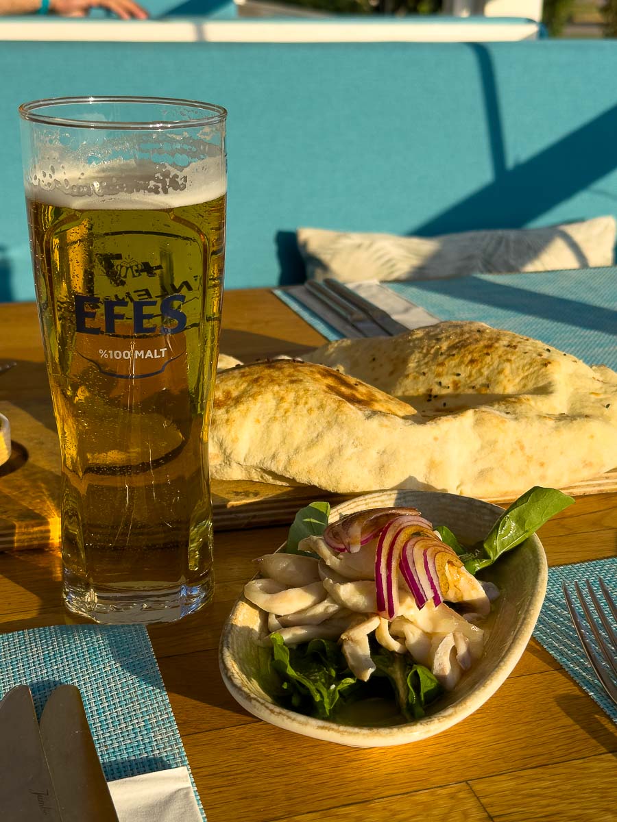 Calamari, bread and beer in Oludeniz.