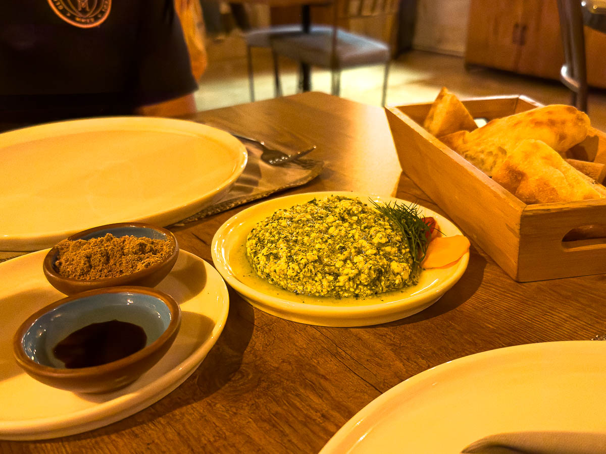 Freebie at Turkish dinner, bread, oil, and yogurt dip