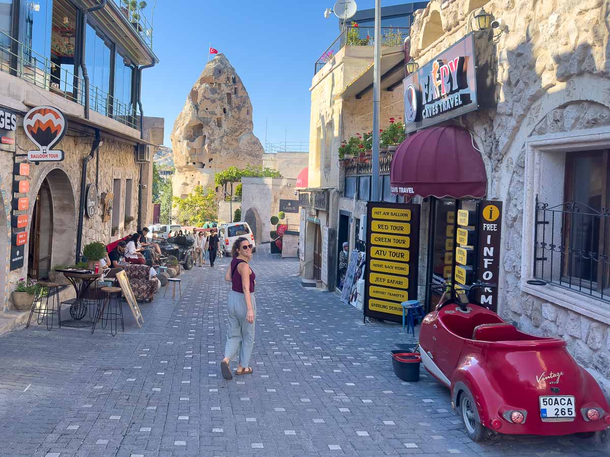 Nina walking in cappadocia street.