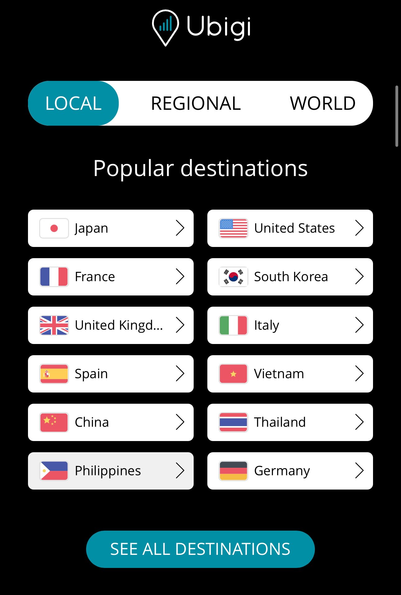 Ubigi destination list.