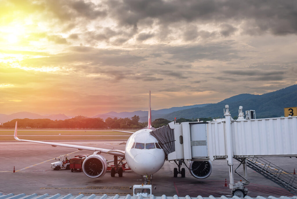 Aircraft ready for boarding, Getting ready for departure in the aircraft section of the aircraft facing forward, with the cockpit positioned at the ramp. aircraft at the tunnel for docking.