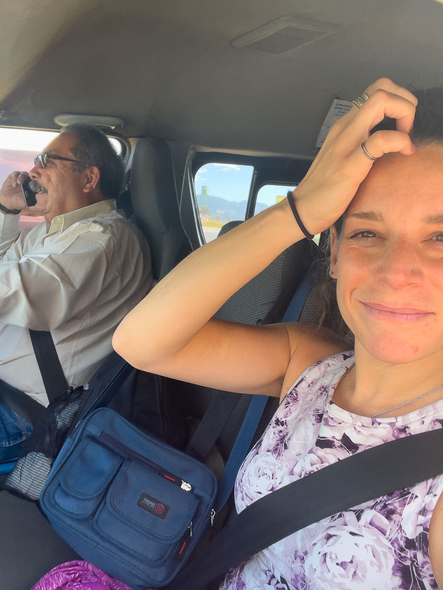 Nina on a shuttle bus in Guatemala