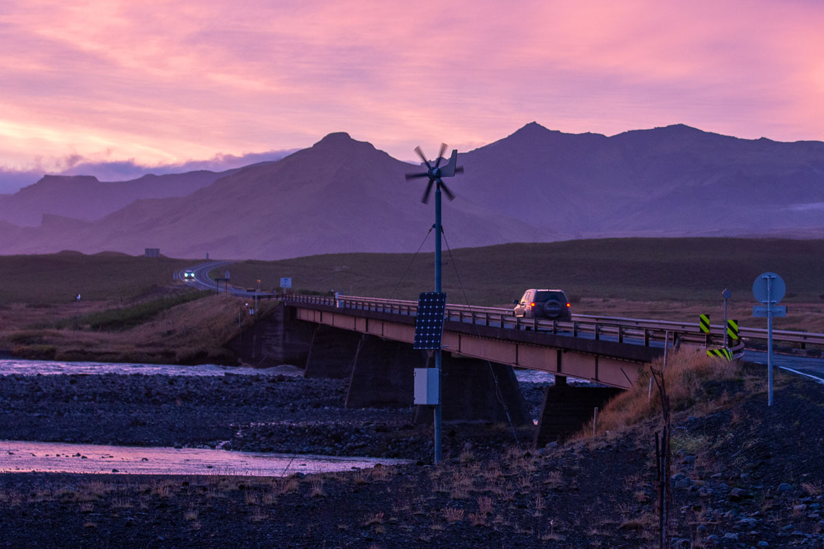 Iceland bridge at sunset.